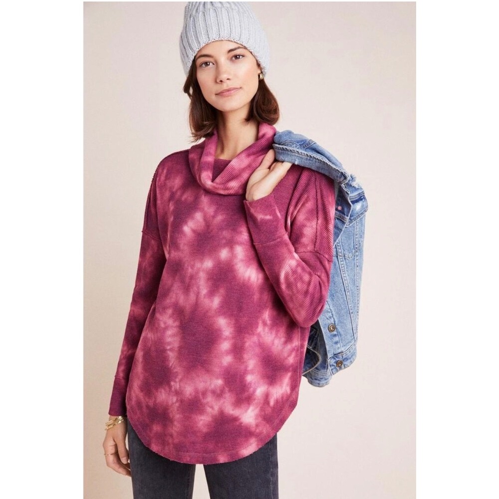 Maeve Anthropologie Waffle Knit Top Women Medium Pink Tie Dye Excellent Thermal
